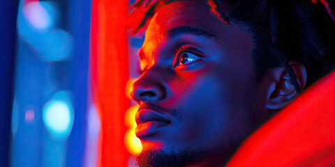 Wall Mural - Close-up Portrait: Young Black Man Illuminated by Red and Blue Light