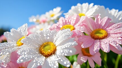 Wall Mural - Bright and fresh daisies adorned with dew in a sunny garden during morning hours