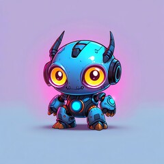 Wall Mural - Adorable Blue Robot with Horns: Neon Cute Mech