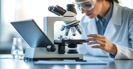 Wall Mural - scientist is looking through a microscope and taking notes