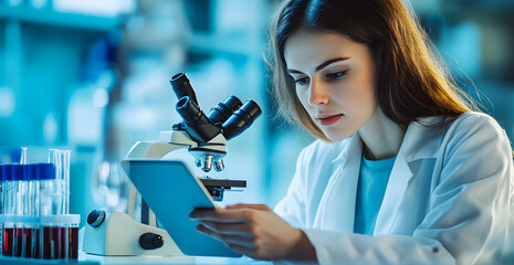 Wall Mural - scientist is looking through a microscope and taking notes