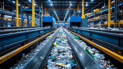 Aufkleber - Inside a waste management facility, numerous plastic bottles and containers are scattered across conveyor belts, highlighting challenges in recycling efforts and waste management practices.
