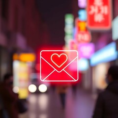 Poster - A neon-style, glowing red envelope icon with a heart, superimposed over a blurred, urban background with neon signs