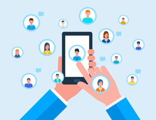 Aufkleber - business social media network connection. online communication concept. flat vector design hand hold mobile and touch screen
