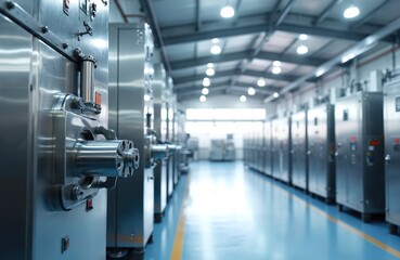 Poster - line of industrial stainless steel equipment in modern production factory. image machinery, automati