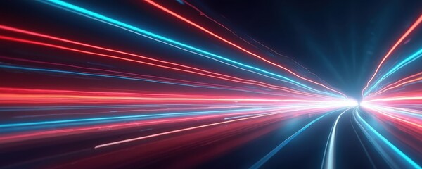 Leinwandbilder - Cyberpunk style line background illustration with light effects. Future tech design material, modern curved fluid graphic with blue, red energy flashes on dark backdrop. Fast internet connection