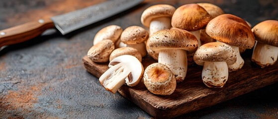 Wall Mural - Freshness Fungus Gourmet, Assorted Mushrooms on a Rustic Wooden Board with Chef's Knife for Food