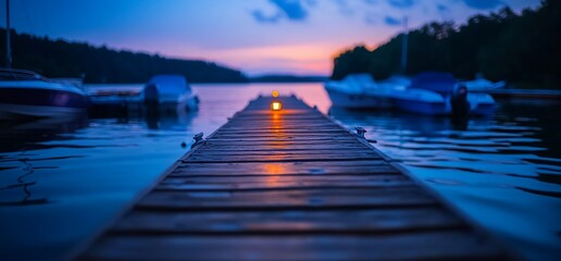 Wall Mural - Wooden pier extending into a serene lake at dusk illuminated by lights