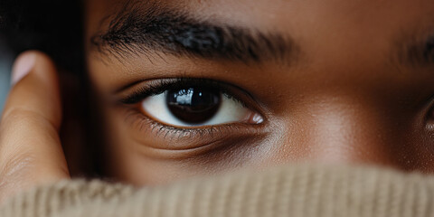 Wall Mural - Close-up Photograph of a Person's Eyes and Forehead Partially Hidden by a Sweater