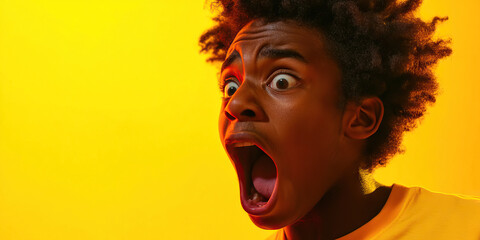 Wall Mural - Close-up Portrait: Young Black Man with Open Mouth Against Yellow Background