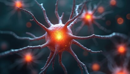Poster - Illustration of nerve cells, neuron sending electric signals in human brain for neural activities, neuroscience, neurology study. Glowing neuron anatomy with brain cell synapses on dark background.