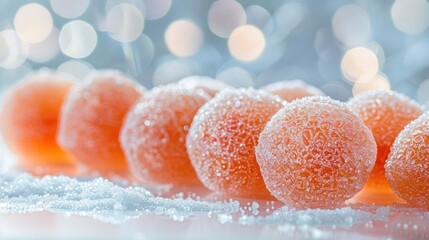 Poster - A close-up of glistening, frosted orange spheres on a reflective surface with a soft background.