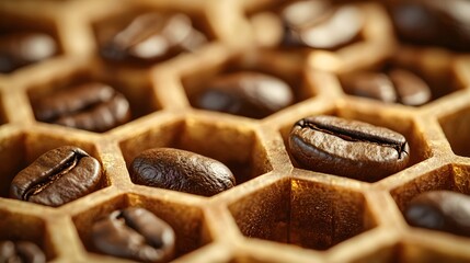 Wall Mural - Dark Nutty Bitter, Perfectly Arranged Coffee Beans in Hexagonal Honeycomb Pattern