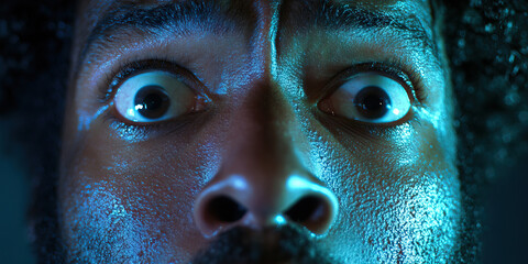 Poster - Close-up of Man's Face with Wide Eyes Under Teal Light