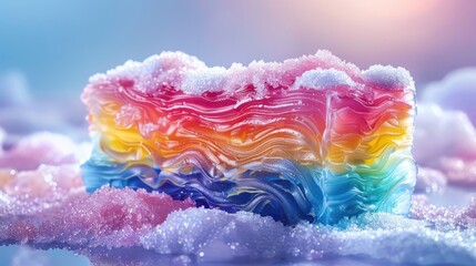 Poster - A colorful layered soap with a rainbow gradient and sugar-like texture on a reflective surface.