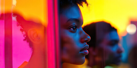 Poster - Profile Portrait of a Woman with Neon Lighting