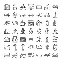 cityscape icons buildings, transportation, people, and urban life