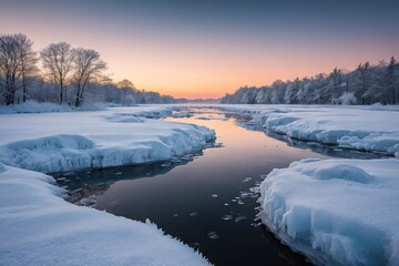 Canvas Print - snowy river with ice and snow on the banks at sunset