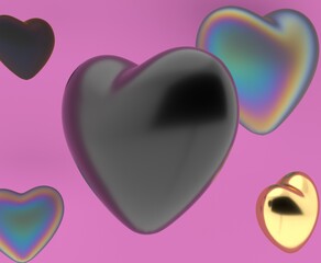 Poster - 3D illustration featuring floating heart shapes with metallic and iridescent textures against a soft pink background. The hearts exhibit a reflective, modern, and romantic aesthetic.