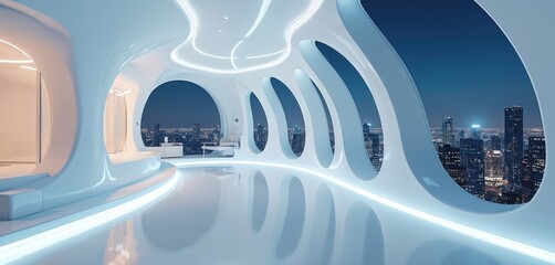 Poster - Illustration of futuristic interior with streamline design. White walls, floor, illuminated ceiling, round windows overlooking night city, minimalist style. Modern apartment, hall in showroom studio,