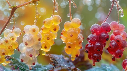 Poster - Close-up of colorful berries with water droplets on a branch.