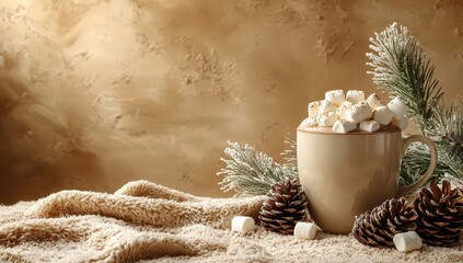 Wall Mural - Christmas background with a hot chocolate mug, marshmallows, and pine cones on a beige-colored background with copy space for text. 