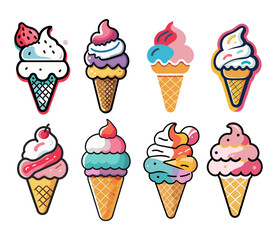 Poster - Icons sets collection of Eight colorful, stylized ice cream cones with unique designs and toppings on a light peach background, showcasing a playful and whimsical dessert scene