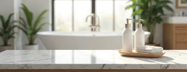 Aufkleber - Empty marble table illustration with blurred bathroom. Interior background with bath tub and plants, bottles, towels. Modern style marble surface with space for product presentation and mockups.
