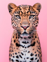 Wall Mural - A portrait of the face and body of a jaguar or leopard, shot on a pink background.