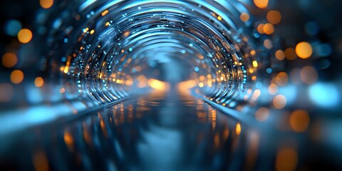 Poster - Futuristic tunnel with glowing blue and orange bokeh lights creating depth perspective, reflective surface shows symmetrical illuminated pathway. For tech backgrounds.