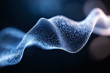 Poster - Glowing blue wave of particles flowing in dark space creates mesmerizing abstract pattern with sparkles and light effects for technology backgrounds.