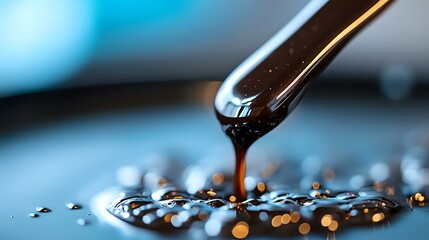 Poster - Macro shot of dark liquid droplet falling from glass dropper creating abstract pattern with bokeh effect on reflective surface. Suitable for cosmetic advertising.