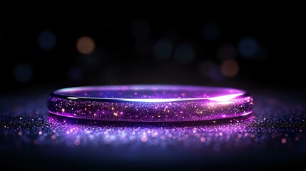 Poster - Magical glowing ring with purple sparkles and bokeh effects on dark background, mystical jewelry concept for fantasy and enchantment designs.