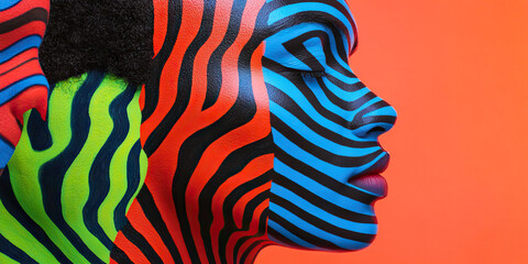 Poster - Profile Portrait with Multicolored Striped Body Paint