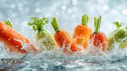 Poster - Fresh vegetables splashing in water, highlighting their freshness and vitality.