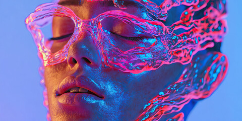 Poster - Human Face Partially Covered by Translucent Pink and Blue Structure