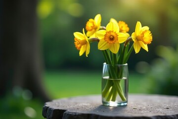 Wall Mural - Narcissus flowers in a small glass cup on a stone table, branch, stem, cup