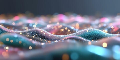Poster - Abstract flowing waves with glowing particles and bokeh effect in turquoise and pink colors on dark background, macro view creates dreamy atmosphere.