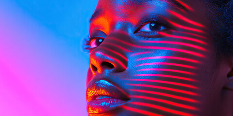 Poster - Close-up Portrait: Dark-Skinned Woman with Red and Blue Light Pattern on Face
