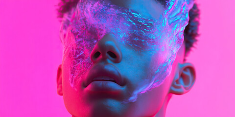 Poster - Human Face Partially Covered with Translucent Material Under Neon Lighting