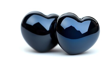 Poster - Two glossy black heart shapes on white background, romantic symbol with reflective surface and smooth curves, isolated for design projects and creative use.