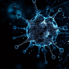 Poster - Microscopic view of glowing blue virus cell structure with spiky protein surface and intricate network patterns against dark background for medical science concept.
