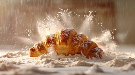 Poster - A croissant dusted with flour, creating a dynamic and appetizing scene.