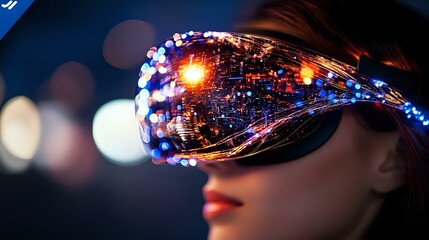 Poster - Futuristic glowing fiber optic eyewear on young Asian woman with illuminated blue and orange lights against dark background with bokeh effects.