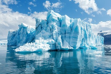 Wall Mural - Majestic icebergs drift in a tranquil glacial lagoon amidst rugged mountains and dramatic skies