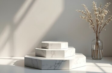 Fototapete - Three white marble hexagonal podiums on simple background for product display. Pedestal showcase platform with minimalist geometric design arrangement. Surface show interior decor with flowers for
