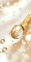Poster - Luxurious golden water drops and bubbles floating on cream background with bokeh effect, macro photography style composition for cosmetic and skincare advertising.