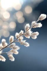 Poster - Delicate white fluffy plant stems against blurred bokeh background in soft morning light, creating dreamy natural macro photography composition.