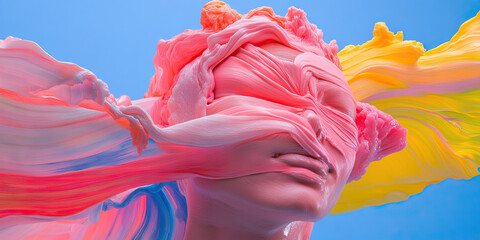 Poster - Abstract Digital Artwork of a Face Partially Covered by Pink and Yellow Swirls