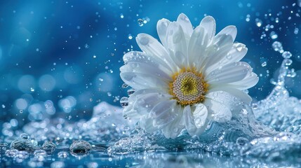 Poster - A close-up of a white flower splashing in water, creating a serene and refreshing atmosphere.